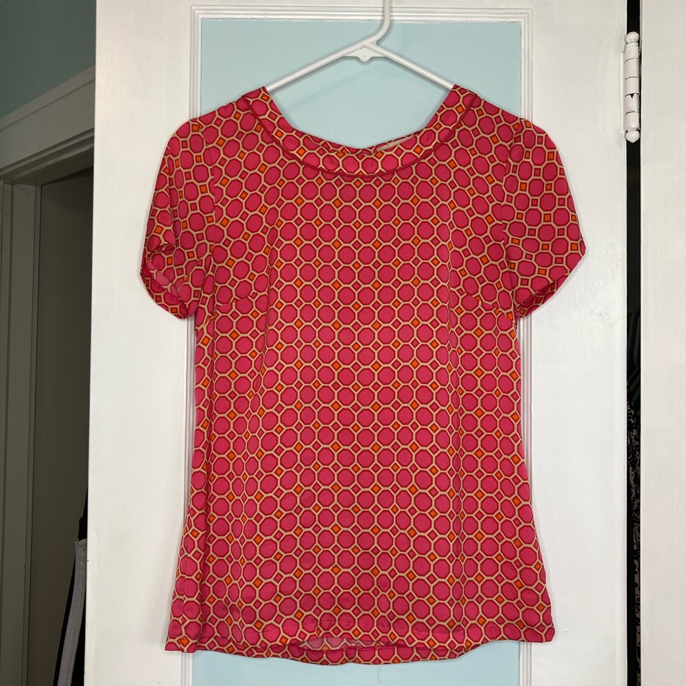 Banana Republic Geometric Print Blouse | Pink & Orange Retro Short Sleeve Top